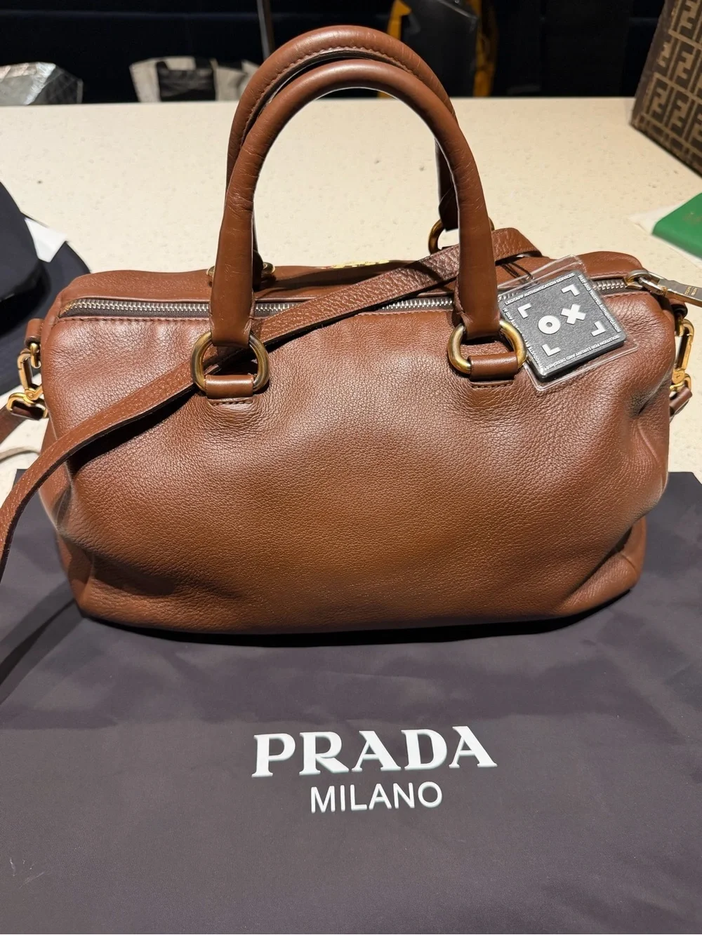Prada Brown Leather boston Bag with Gold Hardware